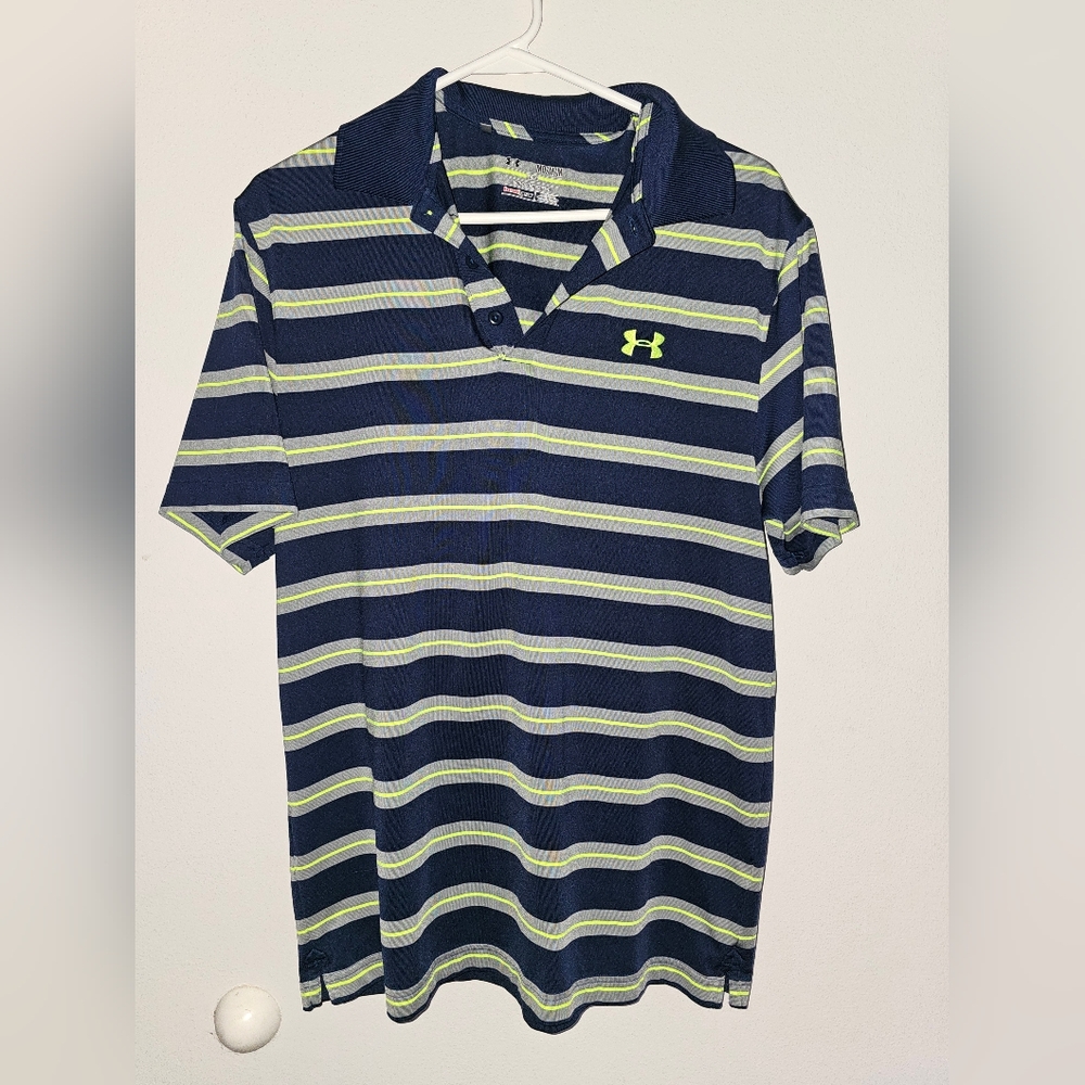 Under Armour Men's Navy and Green Striped Short-Sleeve Polo Shirt Size M - Picture 1 of 6